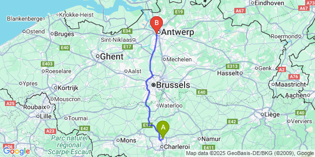 Map: Charleroi Airport Brussels South (CRL) to Faur?ulx