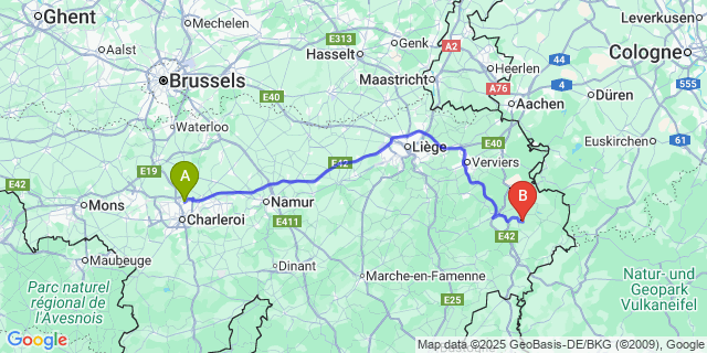 Map: Charleroi Airport Brussels South (CRL) to Faymonville