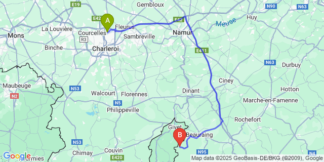 Map: Charleroi Airport Brussels South (CRL) to Felenne