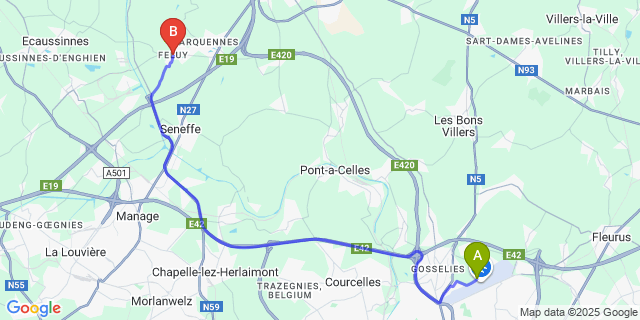 Map: Charleroi Airport Brussels South (CRL) to Feluy