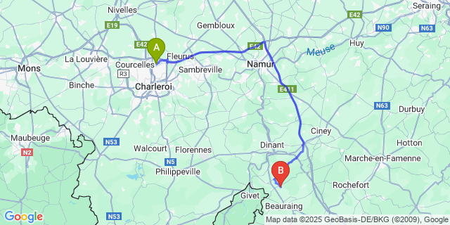 Map: Charleroi Airport Brussels South (CRL) to Finnevaux