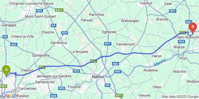 Map: Charleroi Airport Brussels South (CRL) to Fize-Fontaine
