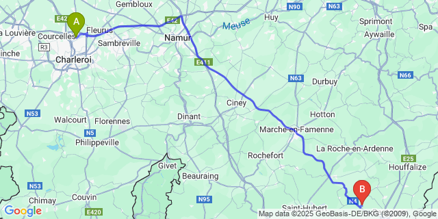Map: Charleroi Airport Brussels South (CRL) to Flamierge