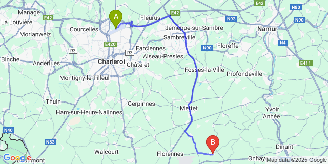 Map: Charleroi Airport Brussels South (CRL) to Flavion