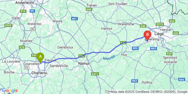 Map: Charleroi Airport Brussels South (CRL) to Flémalle