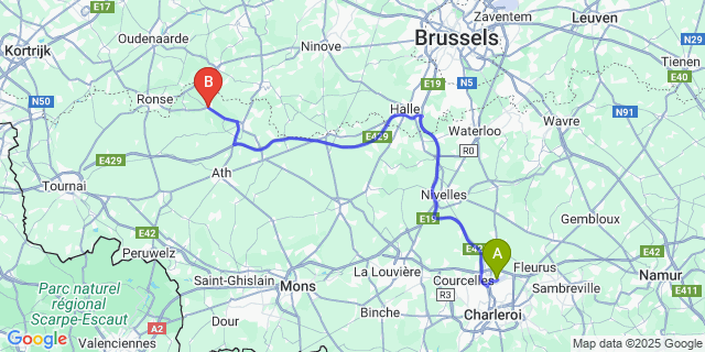 Map: Charleroi Airport Brussels South (CRL) to Flobecq