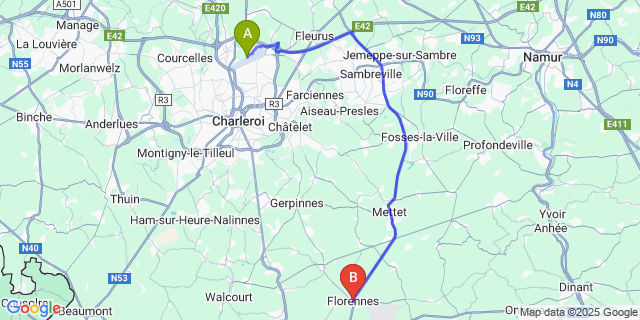 Map: Charleroi Airport Brussels South (CRL) to Florennes
