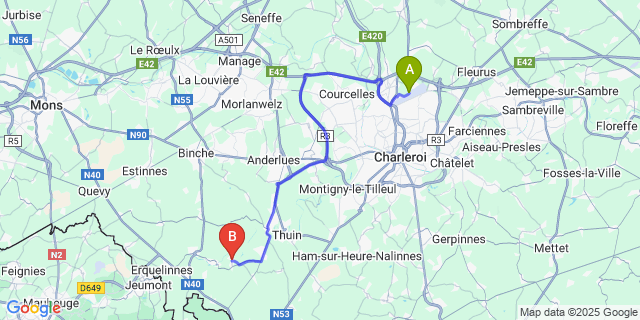 Map: Charleroi Airport Brussels South (CRL) to Fontaine-Valmont