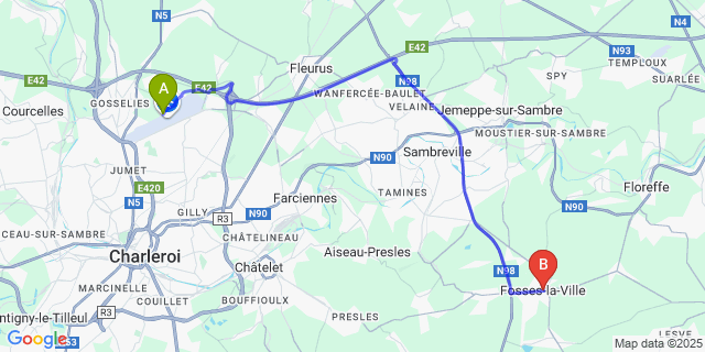 Map: Charleroi Airport Brussels South (CRL) to Fosse (Namur)