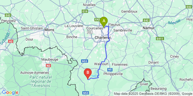 Map: Charleroi Airport Brussels South (CRL) to Fourbechies