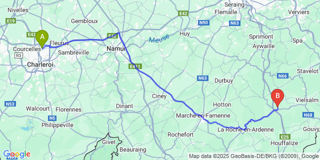Map: Charleroi Airport Brussels South (CRL) to Fraiture