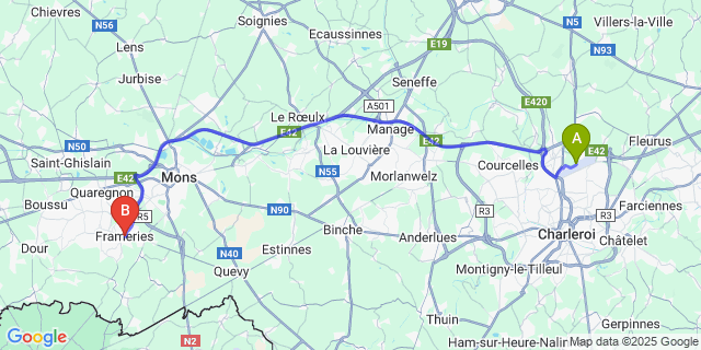 Map: Charleroi Airport Brussels South (CRL) to Frameries