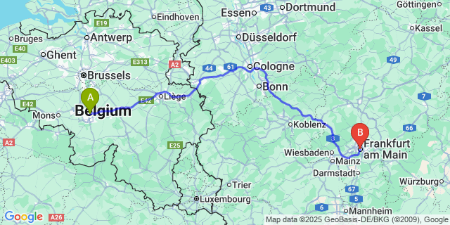 Map: Charleroi Airport Brussels South (CRL) to Frankfurt am Main
