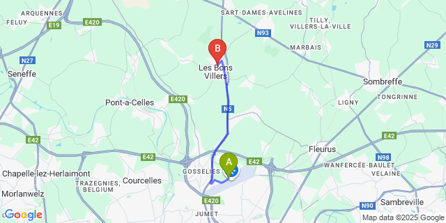 Map: Charleroi Airport Brussels South (CRL) to Frasnes-Lez-Gosselies