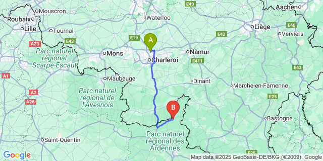 Map: Charleroi Airport Brussels South (CRL) to Fumay