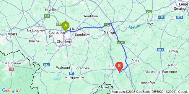 Map: Charleroi Airport Brussels South (CRL) to Furfooz