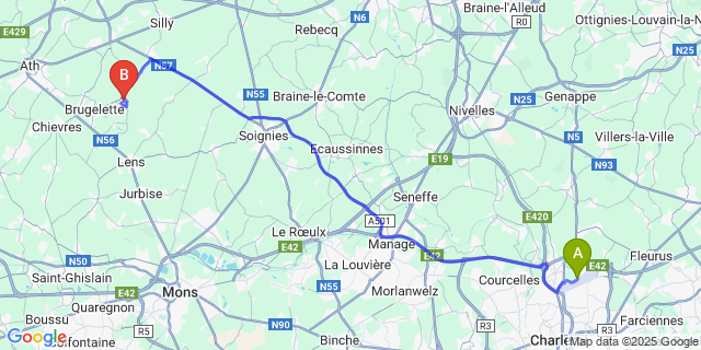 Map: Charleroi Airport Brussels South (CRL) to Gages