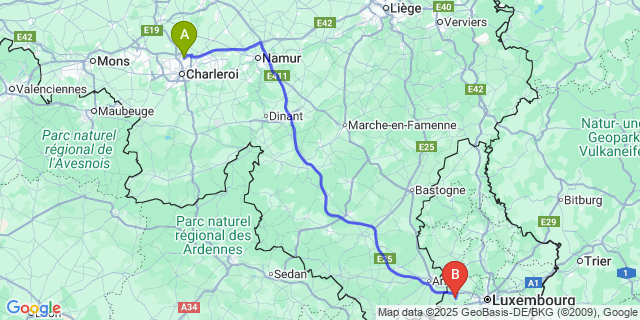 Map: Charleroi Airport Brussels South (CRL) to Garnich