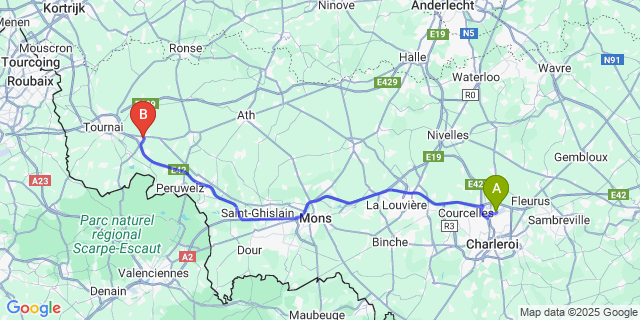 Map: Charleroi Airport Brussels South (CRL) to Gaurain-Ramecroix