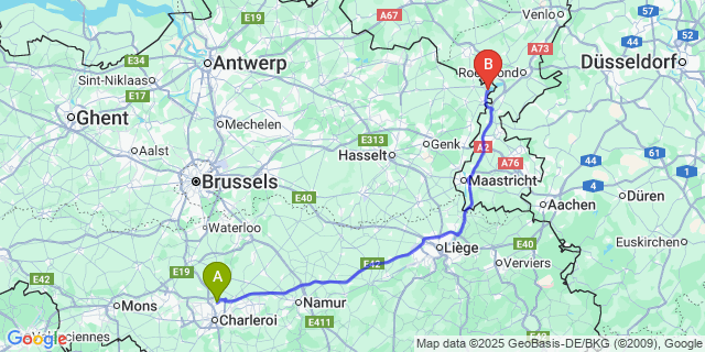 Map: Charleroi Airport Brussels South (CRL) to Geistingen