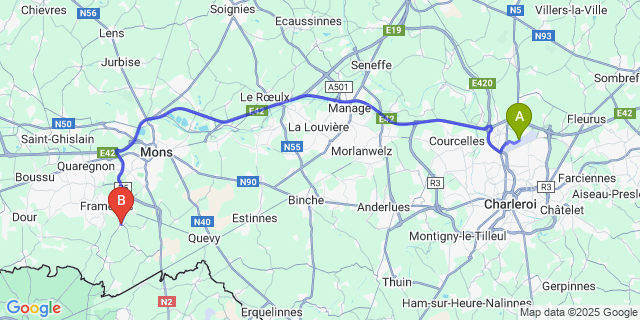 Map: Charleroi Airport Brussels South (CRL) to Genly