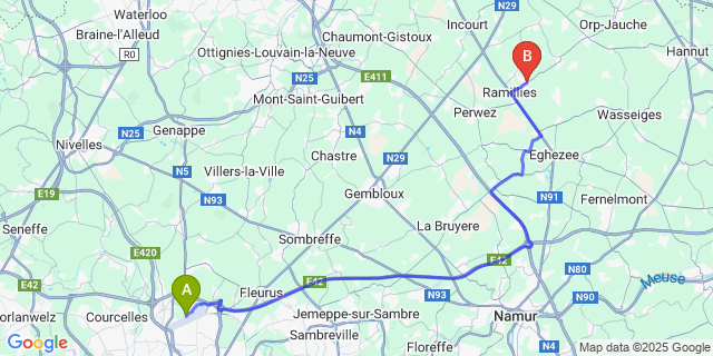 Map: Charleroi Airport Brussels South (CRL) to Gérompont