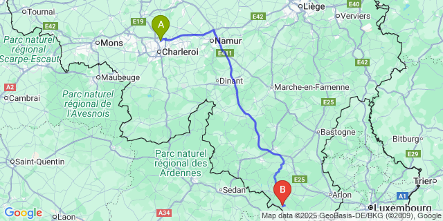 Map: Charleroi Airport Brussels South (CRL) to Gérouville