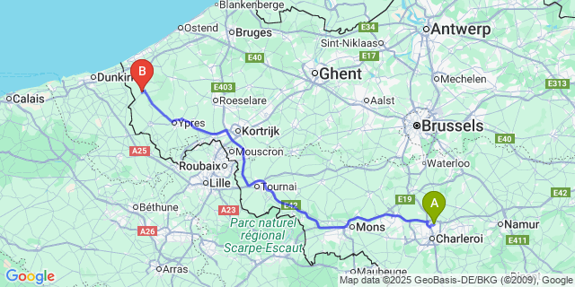 Map: Charleroi Airport Brussels South (CRL) to Gijverinkhove
