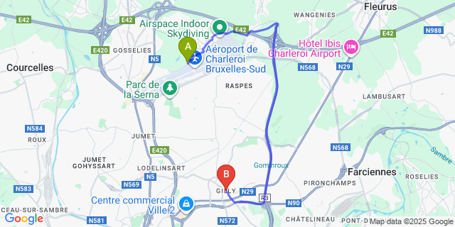 Map: Charleroi Airport Brussels South (CRL) to Gilly
