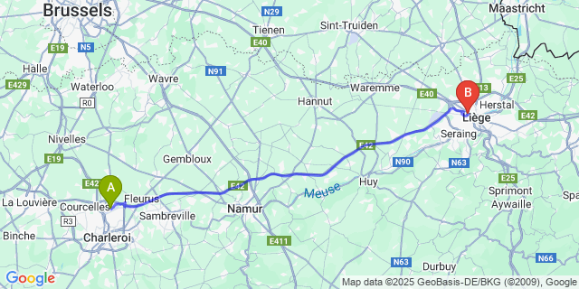 Map: Charleroi Airport Brussels South (CRL) to Glain