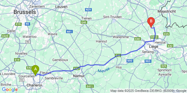 Map: Charleroi Airport Brussels South (CRL) to Glons
