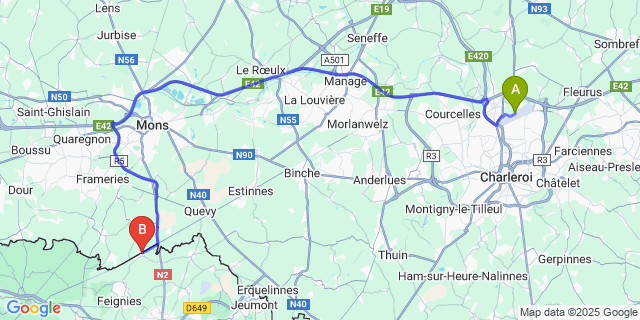 Map: Charleroi Airport Brussels South (CRL) to Goegnies-Chaussée