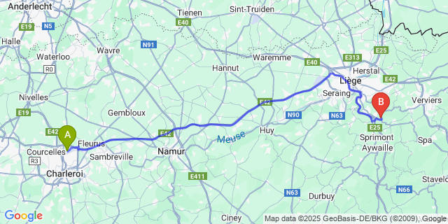 Map: Charleroi Airport Brussels South (CRL) to Gomzé-Andoumont