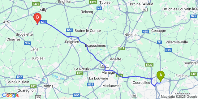 Map: Charleroi Airport Brussels South (CRL) to Gondregnies