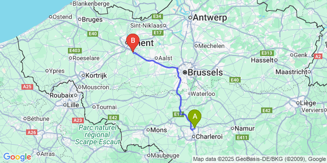 Map: Charleroi Airport Brussels South (CRL) to Gontrode