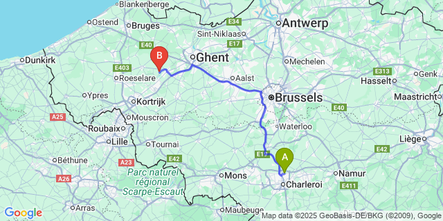Map: Charleroi Airport Brussels South (CRL) to Grammene