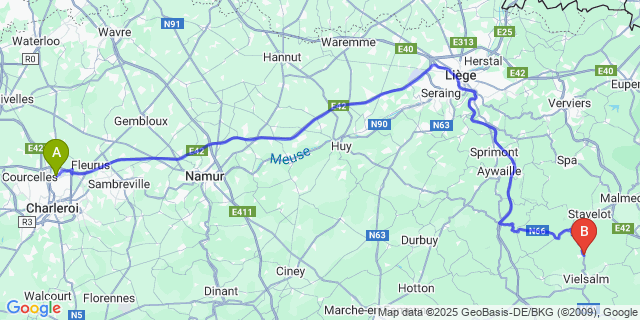 Map: Charleroi Airport Brussels South (CRL) to Grand-Halleux