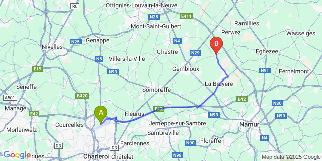 Map: Charleroi Airport Brussels South (CRL) to Grand-Leez