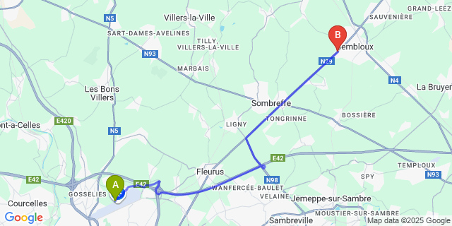 Map: Charleroi Airport Brussels South (CRL) to Grand-Manil