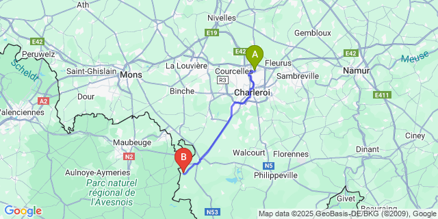 Map: Charleroi Airport Brussels South (CRL) to Grandrieu