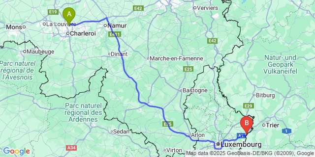 Map: Charleroi Airport Brussels South (CRL) to Grevenmacher