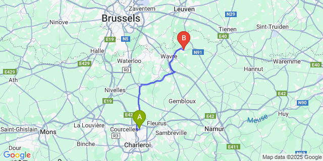 Map: Charleroi Airport Brussels South (CRL) to Grez-Doiceau