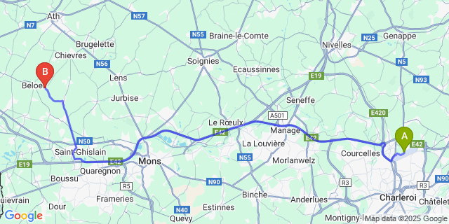 Map: Charleroi Airport Brussels South (CRL) to Grosage