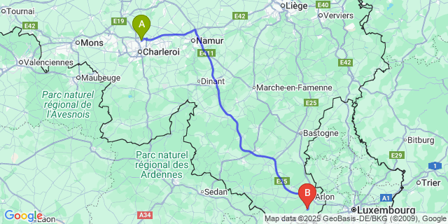 Map: Charleroi Airport Brussels South (CRL) to Habergy