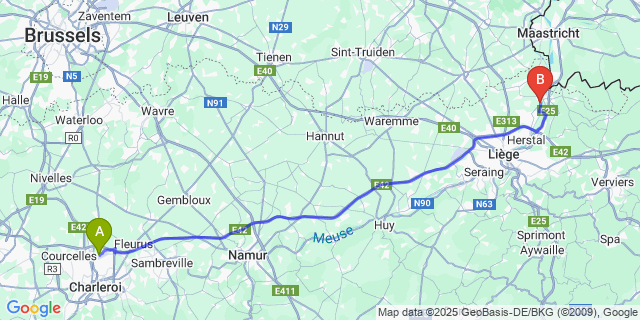 Map: Charleroi Airport Brussels South (CRL) to Haccourt
