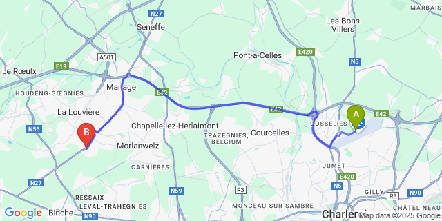Map: Charleroi Airport Brussels South (CRL) to Haine-Saint-Paul