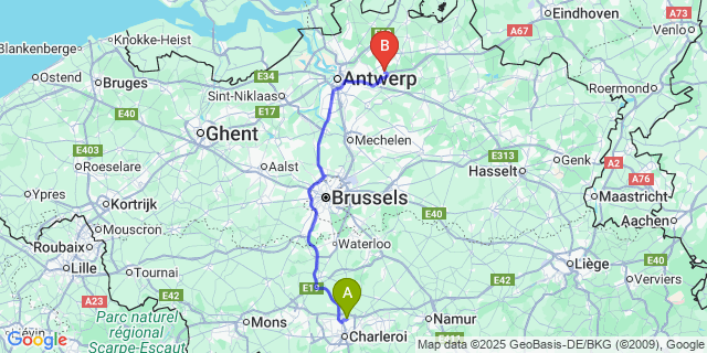 Map: Charleroi Airport Brussels South (CRL) to Halle (Antwerpen)