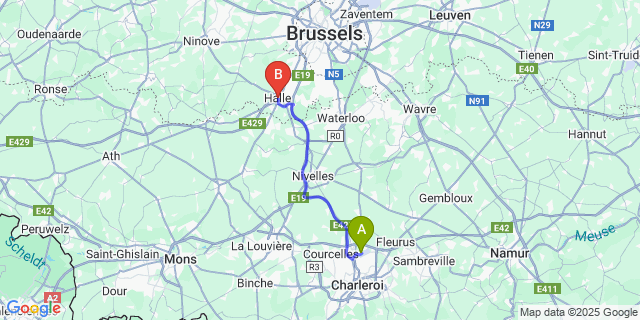 Map: Charleroi Airport Brussels South (CRL) to Halle (Brabant)