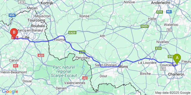 Map: Charleroi Airport Brussels South (CRL) to Hallennes-lez-Haubourdin