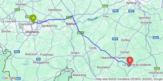 Map: Charleroi Airport Brussels South (CRL) to Halleux
